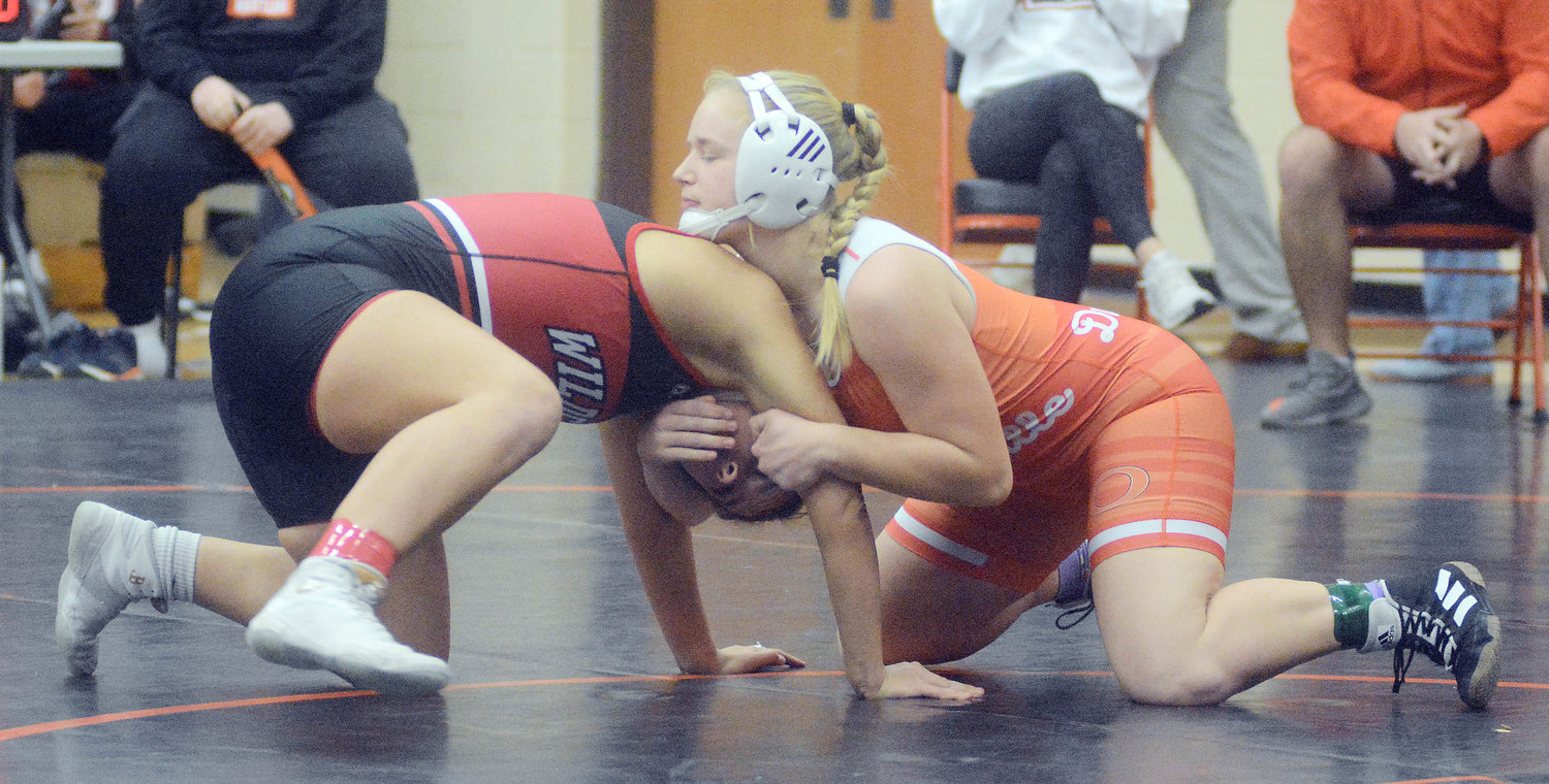 Bailee Dare (right) controls Union’s Gianna Schreck in their match at 170 pounds during the 2nd Annual Owensville Dutchgirl Wrestling Invitational Friday night at Owensville High School.